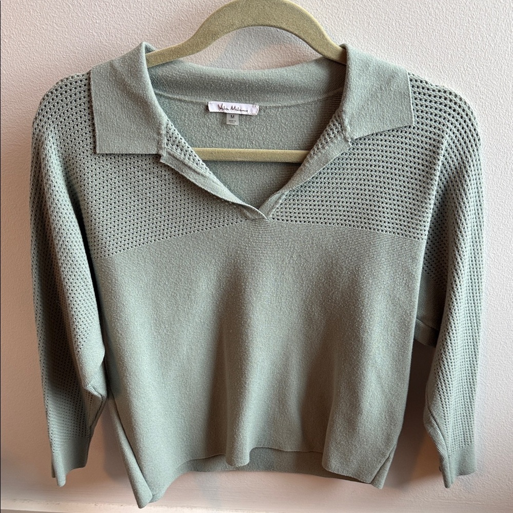 Mia Milano Sage Green Collared Knit Sweater Size M